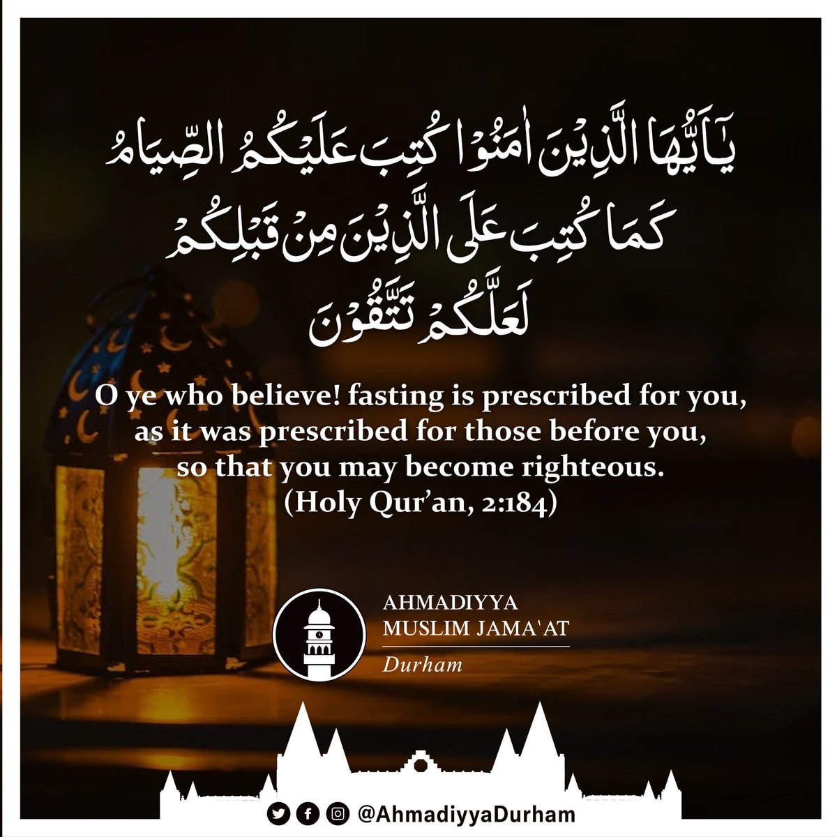 AhmadiyyaDurham's tweet photo. O ye who believe! fasting is prescribed for you, as it was prescribed for those before you, so that you may become righteous.  (Holy Qur’an, 2:184) 
#ramadan #ramadhanmubarak #islam #peace #fasting #Quran https://t.co/QDe9WCykzx