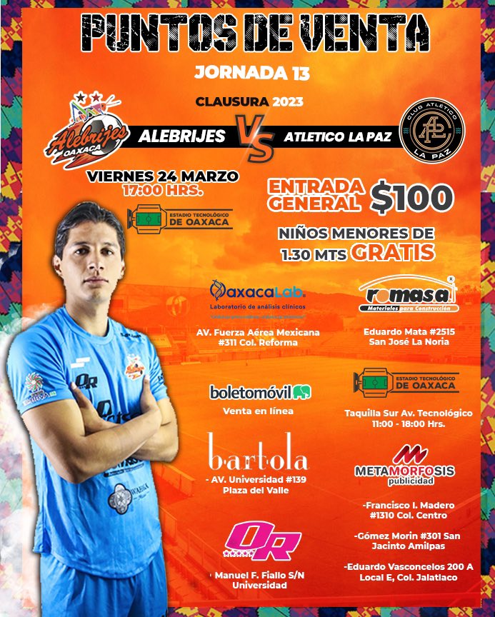 AlebrijesOaxaca's tweet photo. πβ οΈ| Adquiere tus boletos para el duelo de este viernes π @atleticolapaz
ππππππ ππ πππππ
β
#OaxacaLab
β
@Romasacv
β
#MetamorfosisPublicidad
β
#Bartolaoax
β
@boletomovil π»π²
β
@oaxacarosaa
β
#TemploAlebrijeπ
#JuntosXLaT3rceraβοΈβοΈπ https://t.co/yuxiew2q9Z