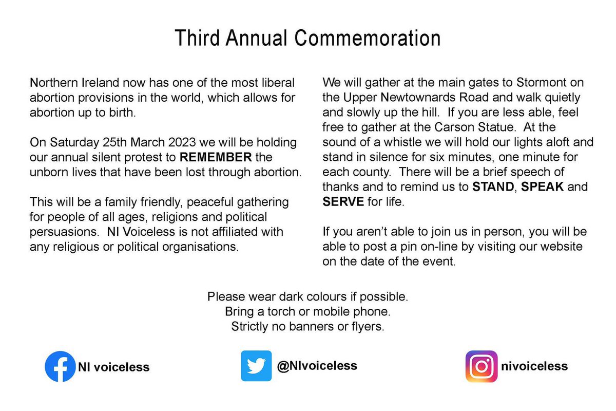 ❕TWO DAYS ❕until our annual silent protest. Join us at 4pm, Stormont Estate. Together we will stand, speak and serve for those who have no voice. Spread the word. #NIvoiceless #TheyCannotSpeak