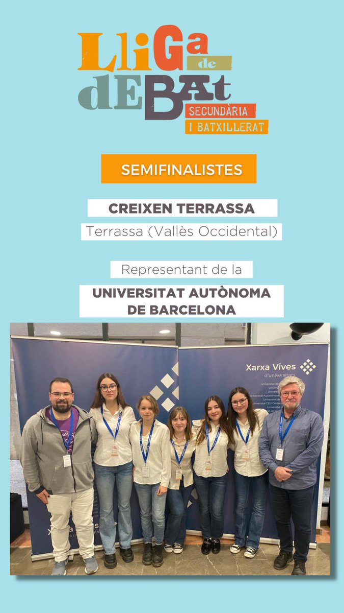 xarxavives's tweet photo. 📣 L'enhorabona als equips semifinalistes de la #LligaDeDebat de Secundària i Batxillerat 2023! 👏🏻👏🏻👏🏻

✔ @iesmisteridelx_, representant de la @UniversidadMH 

✔ @iesAlmenara, representant de l’@UJIuniversitat 

✔ @creixenterrassa, representant de la @UABBarcelona https://t.co/wwhUQGasSN