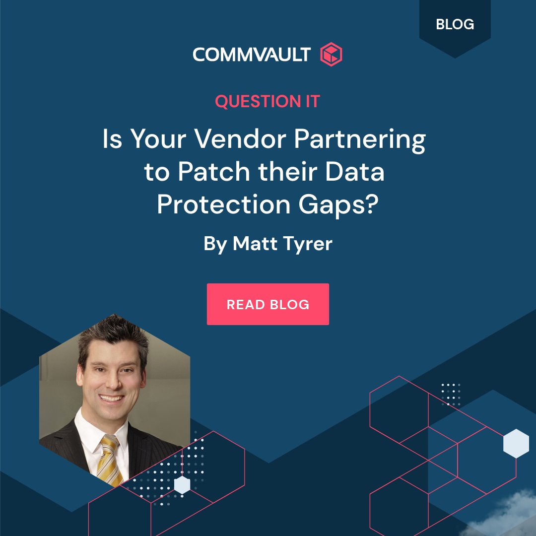 Commvault's tweet photo. Question of the day….. Should you REALLY be using a #dataprotection provider that can’t protect your #SaaS data?
Call us picky – but the answer is no.  
Get more insights here https://t.co/BeTYAJnGB7 
#QuestionIt https://t.co/nXHDoEQq3Q