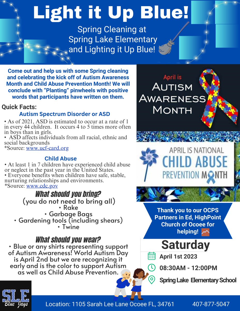 Aja Wilkins, Ed.D (@awilkins_edu) on Twitter photo Join us for our campus clean-up as we kick off Autism Awareness Month and Child Abuse Prevention month.
<a href="/SpringLakeOCPS/">Spring Lake-OCPS</a> <a href="/WarkentienGM/">Gina M Warkentien</a> <a href="/ByrdOcps/">Melissa Byrd</a> Join us for our campus clean-up as we kick off Autism Awareness Month and Child Abuse Prevention month.
<a href="/SpringLakeOCPS/">Spring Lake-OCPS</a> <a href="/WarkentienGM/">Gina M Warkentien</a> <a href="/ByrdOcps/">Melissa Byrd</a>