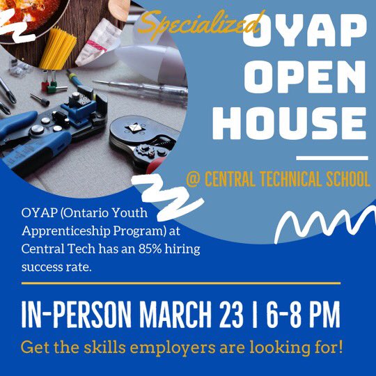 Don’t miss your chance to find out about the amazing program offerings @CentralTech. Get the key skills and experience that employers are looking for in #apprentices. Learn from high school teachers that also licensed tradespeople. #tdsb #skilledtrades #gta #toronto