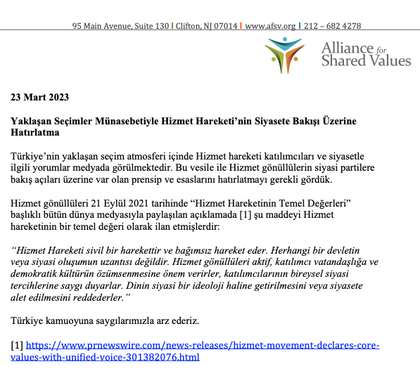 Yaklaşan Seçimler Münasebetiyle Hizmet Hareketi’nin Siyasete Bakışı Üzerine Hatırlatma: afsv.org/yaklasan-secim…