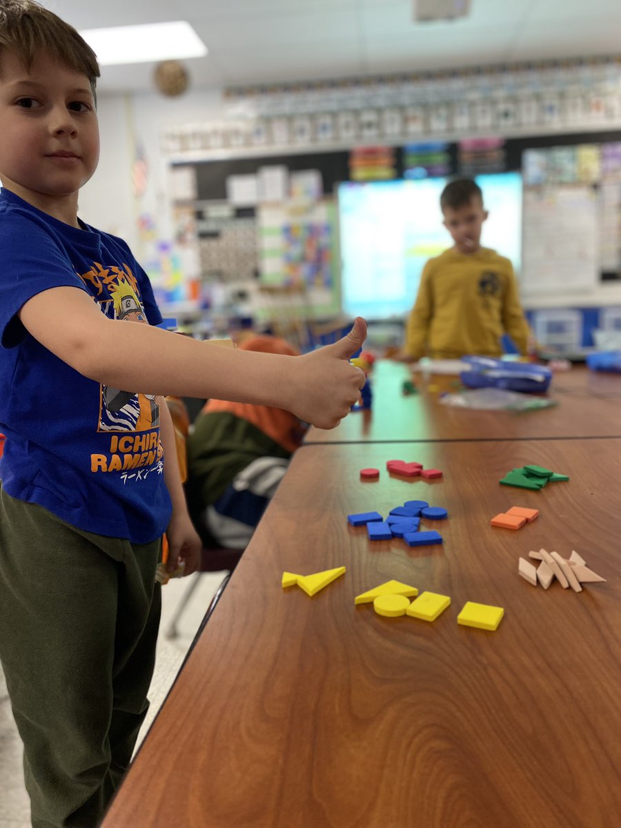 North_Tweets's tweet image. Kindergarten got to practice sorting and classifying shapes. Then, they got to take the shapes and create a new shape! #Proud2BNorthies #JCSchoolsChampions #WeAreElementary #buildingmathematicians