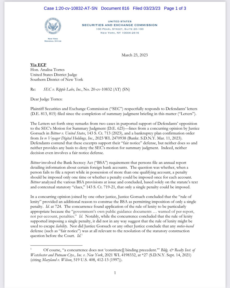 FilanLaw's tweet photo. #XRPCommunity #SECGov v. #Ripple #XRP The SEC has filed its response to the Ripple Defendants’ Letters regarding Supplemental Authority from the Bittner and Voyager cases. https://t.co/zVbPGbmMq0