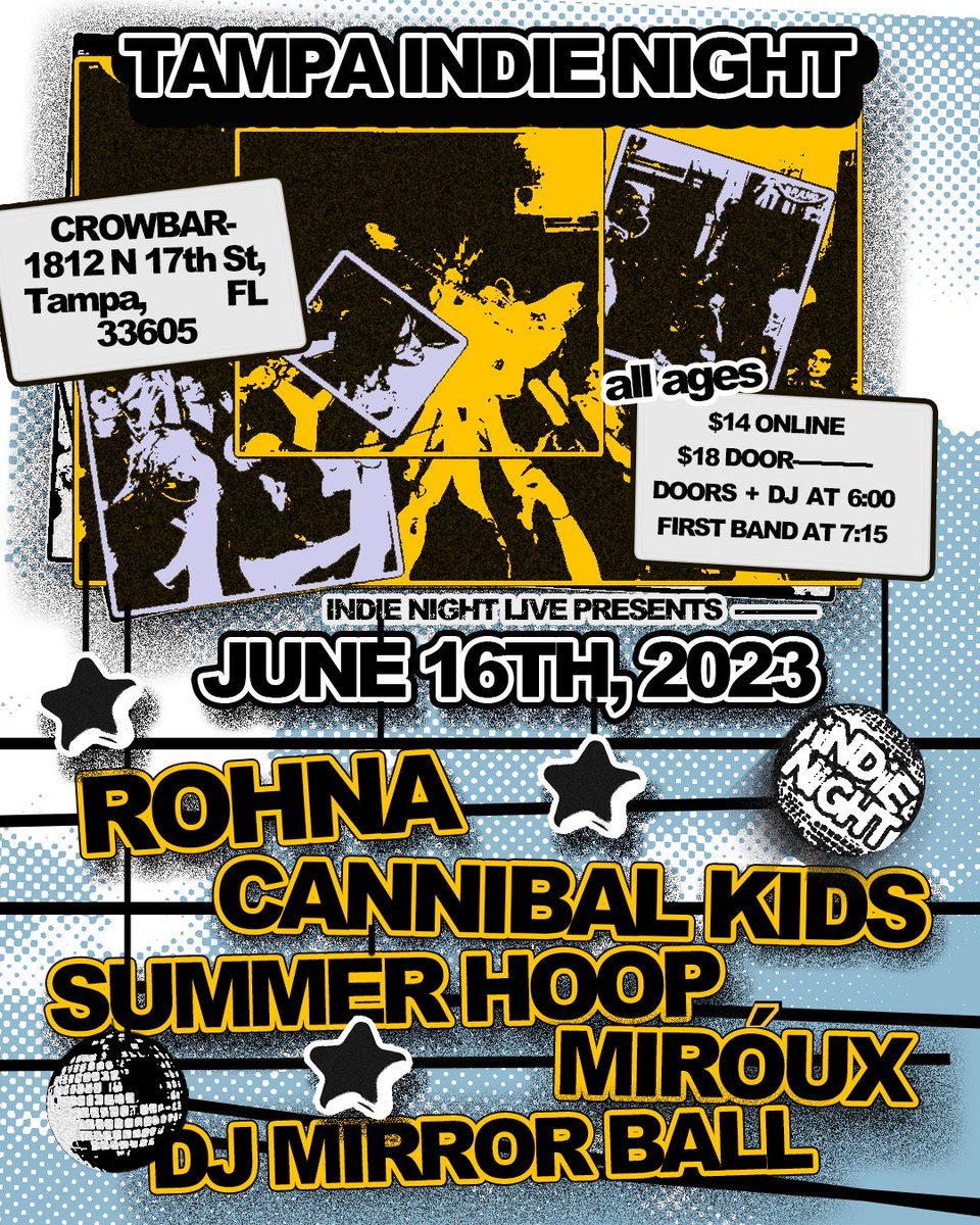 TAMPA WE ARE BACK WITH ANOTHER INDIE NIGHT ON JUNE 16TH AT <a href="/CROWBARLIVE/">CROWBAR</a> 🪩 

If you’ve been to any of the Indie Nights or any of our hometown shows then you know this is gonna be special! 

Get your tickets here: eventbrite.com/e/tampa-indie-… 

Flyer by <a href="/bymandarose/">manda</a>