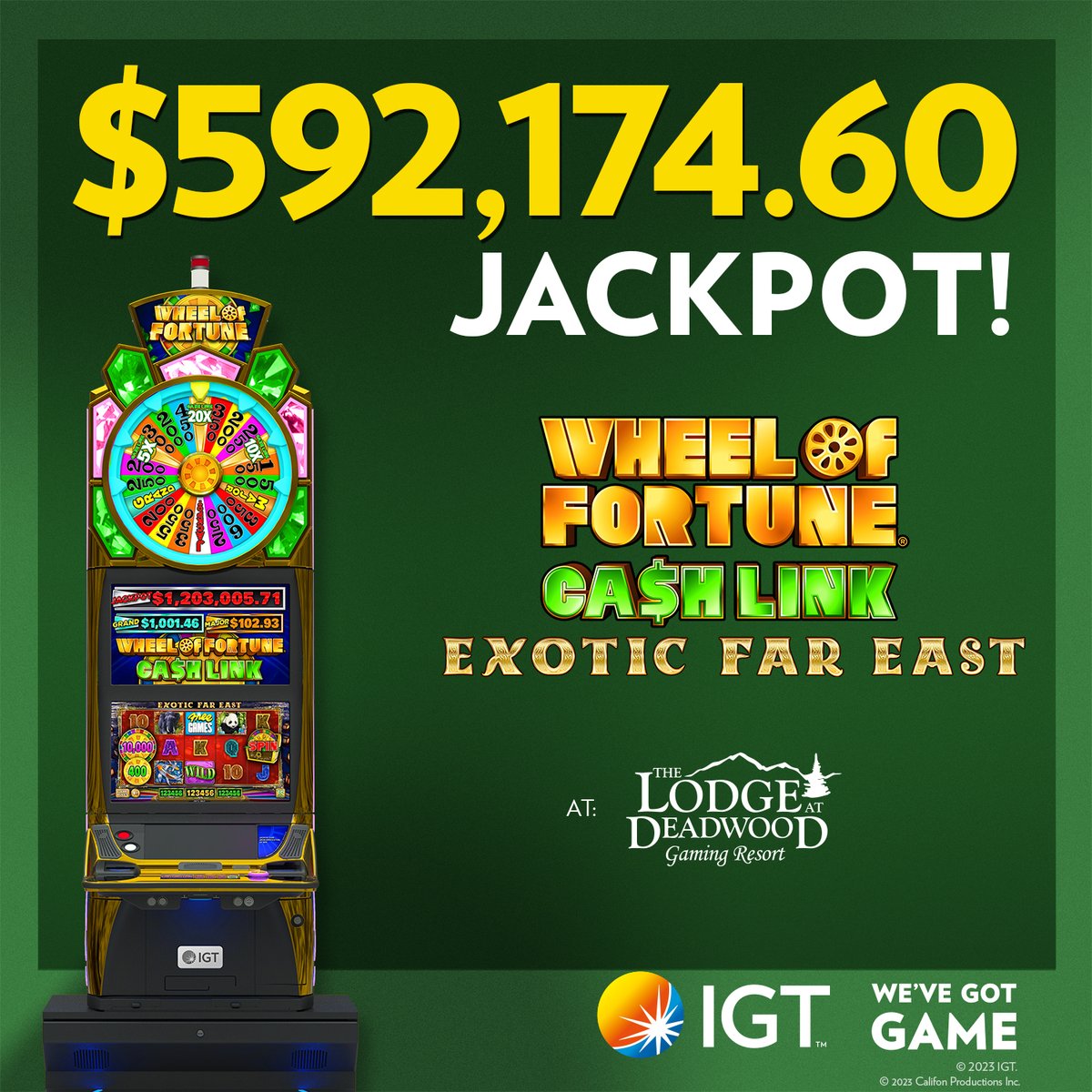 The @LodgeatDeadwood guest Jill A. has over a half million reasons to celebrate. &#129395; She hit this EXCITING jackpot on Wheel of Fortune Cash Link Exotic Far East Slots for $592,174.60 on a $5.25 max bet! Congratulations, Jill! &#127881;

