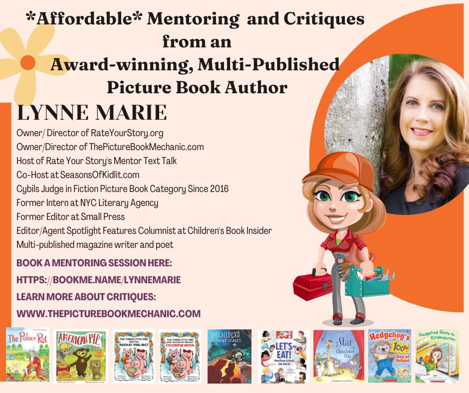 Looking forward to helping you on your path to publication!

thepicturebookmechanic.com
bookme.name/lynnemarie
rateyourstory.org

#mentoring #mentoringmatters 
#authorshelpingauthors #authorshelpingwriters