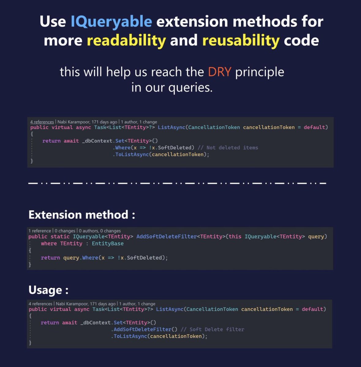 johnObasi7's tweet image. Write some of your queries more #readable and #reusable 

#dotnetcore #csharp