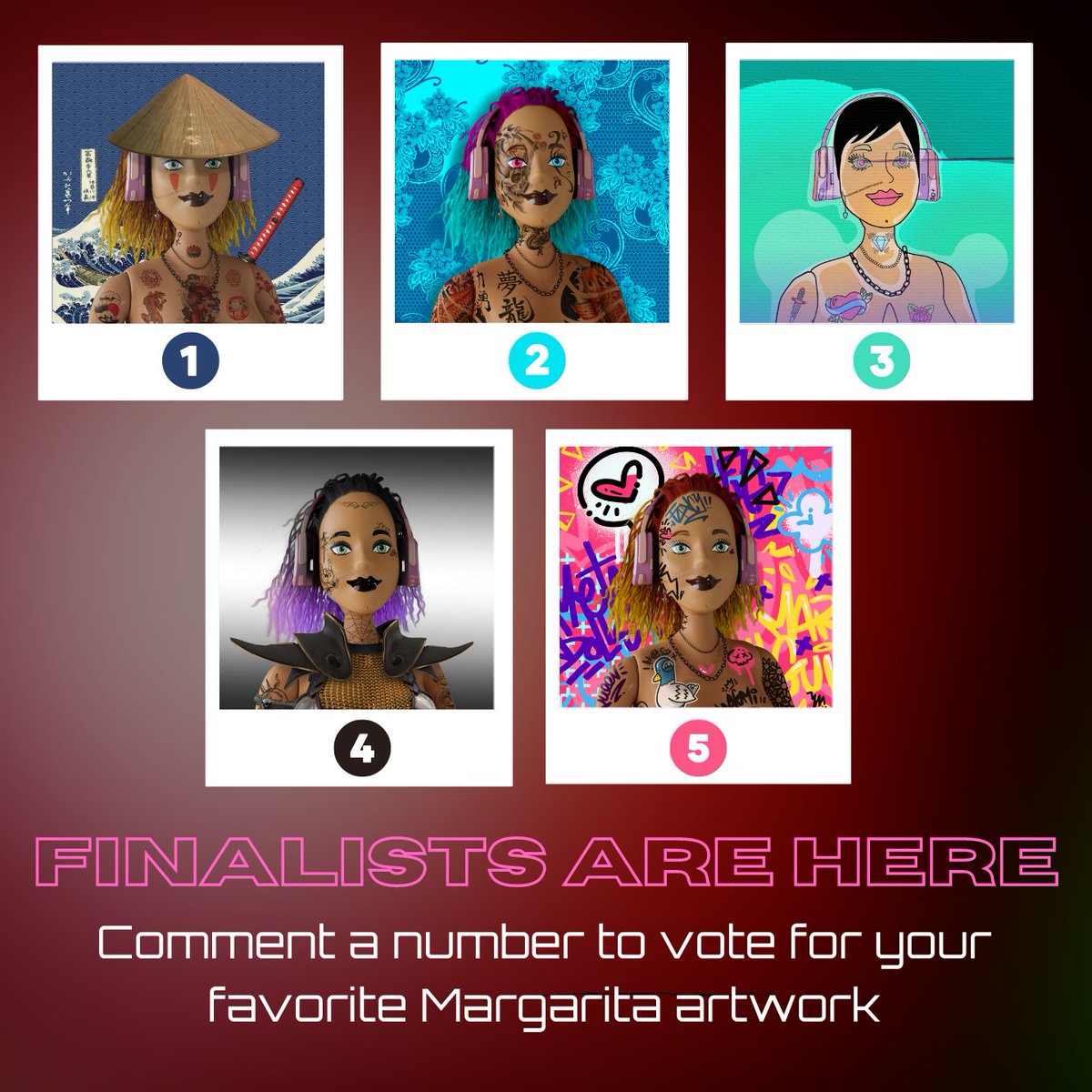 This Art Contest has been lots of fun and we're super excited with all the amazing edits you guys have done with Margarita! 

Now it's your turn to choose the winners 🏆
🥇 First place: 100 USDC
🥈 Second place: 50 USDC
🥉 Third place: 20 USDC

Leave your favorite number below: