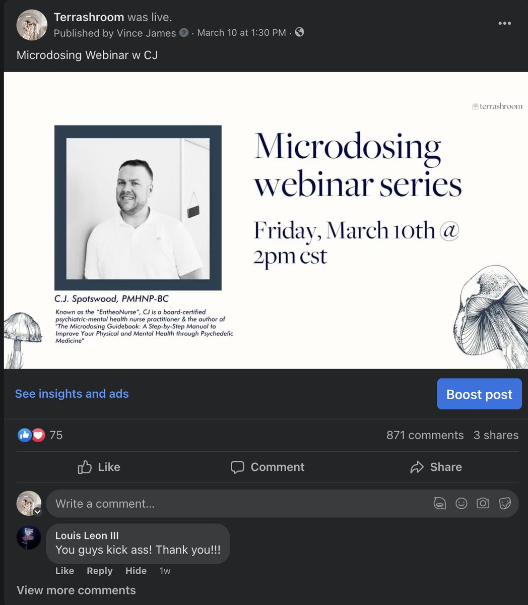 Had a really awesome webinar the other week (look at the engagement!!!) &amp; hosting a part two tomorrow with <a href="/entheonurse/">C.J. Spotswood</a> 

Three GOOD reasons to join:
#1 Announcing terrashroom mega giveaway winner
#2  Giving away signed copies of CJs new book  + TS swag
#3 bc you love 🍄's