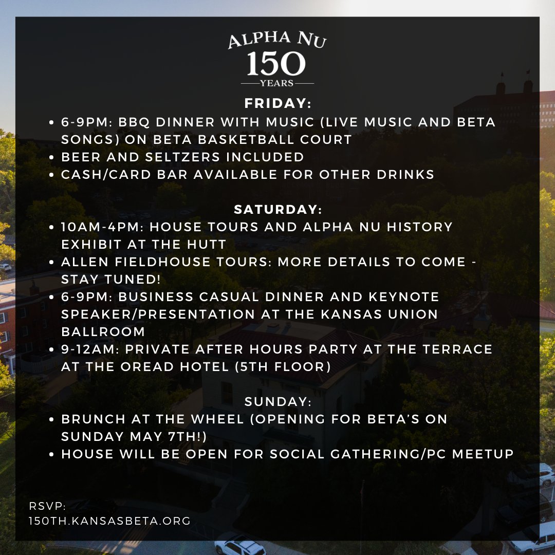 REMINDER: Come celebrate this May! In honor of the Hutt turning 150 years old, we're hosting a 150th special celebration this May 5-7th to commemorate all that Alpha Nu has to offer! Visit 150th.kansasbeta.org bio for more details!