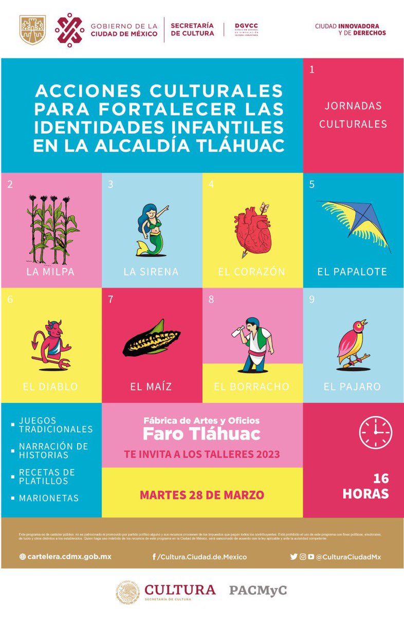 Ven a disfrutar de estos maravillosos talleres que fortalecen las identidades de las infancias en Tláhuac. Te esperamos en la jornada que tendremos el MARTES 28 DE MARZO A PARTIR DE LAS 16 HORAS. ¡Agradecemos a #foroarteria por tan bonita colaboración!