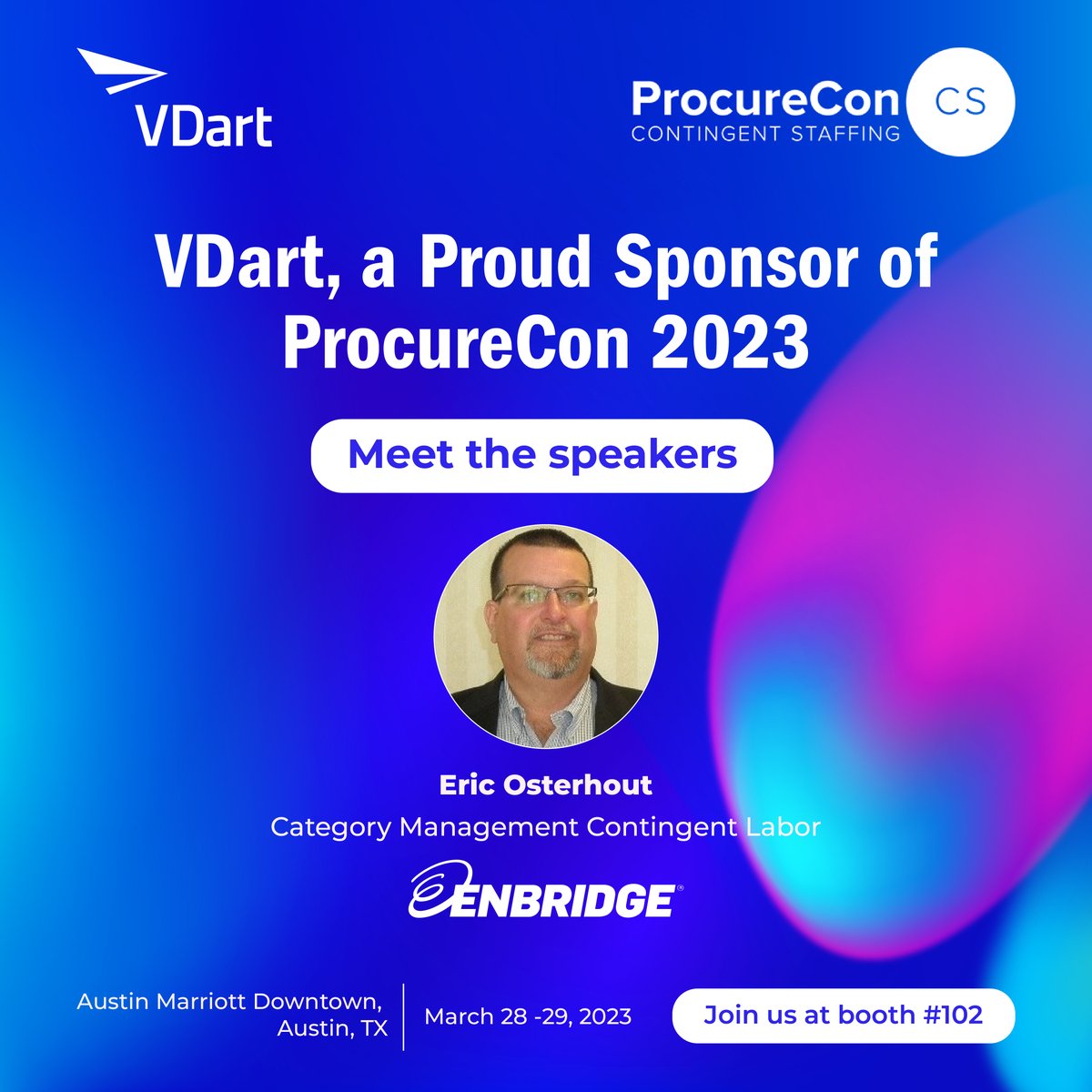 VDartInc's tweet image. Join us at #ProcureCon2023 to hear from Enbridge&apos;s Eric Osterhout, Category Management Contingent Labor, Enbridge, at the fireside chat.

To know more, Visit - bit.ly/40aYHkN

#ProcureCon2023 #ProcureConCS #ContingentStaffing #ContingentWorkforce #AustinTX #VDart