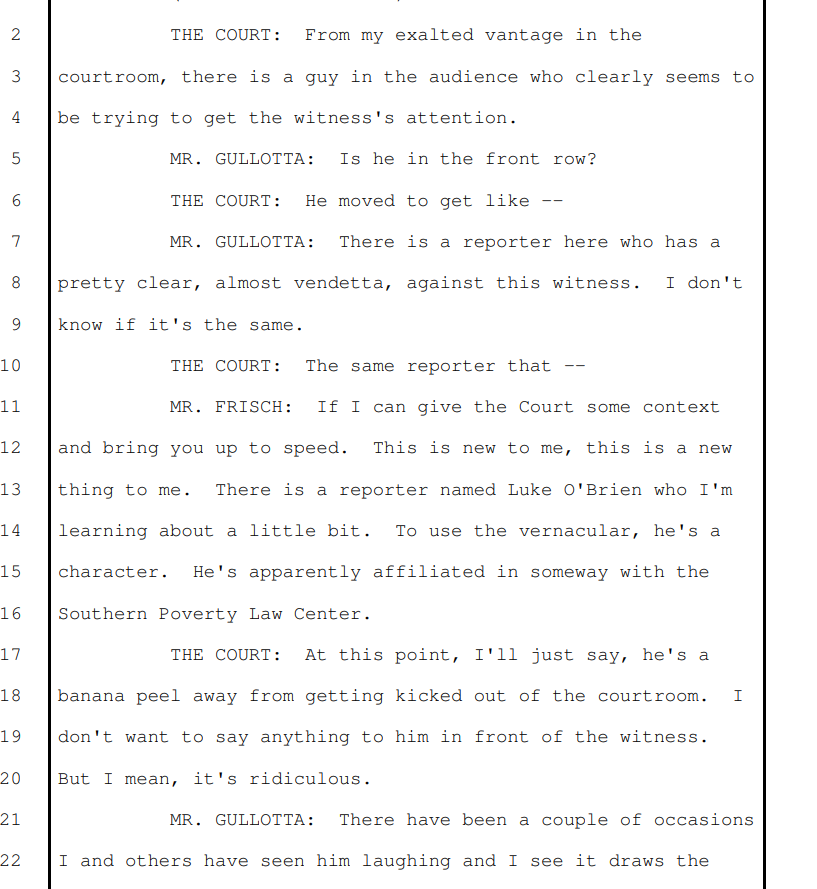 JackPosobiec's tweet photo. Disgraced blogger Luke O'Brien was nearly thrown out of the Douglas Mackey trial for causing a scene in the courtroom. The judge excused the jury and admonished him in open court https://t.co/h1WHW7hCib