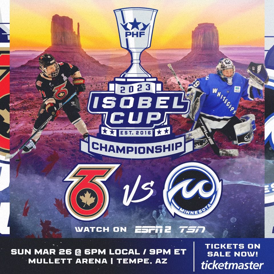 The top prize in professional women’s hockey will be won in the desert.

Don’t miss the PHF’s 2023 Isobel Cup Championship on Sunday night between <a href="/TheTorontoSix/">Toronto Six 🏆</a> and <a href="/WhitecapsHockey/">Minnesota Whitecaps</a> at <a href="/MullettArena/">Mullett Arena</a> home of <a href="/ArizonaCoyotes/">Arizona Coyotes</a> and <a href="/ASU/">Arizona State University</a>.

Tickets: ticketmaster.com/premier-hockey…