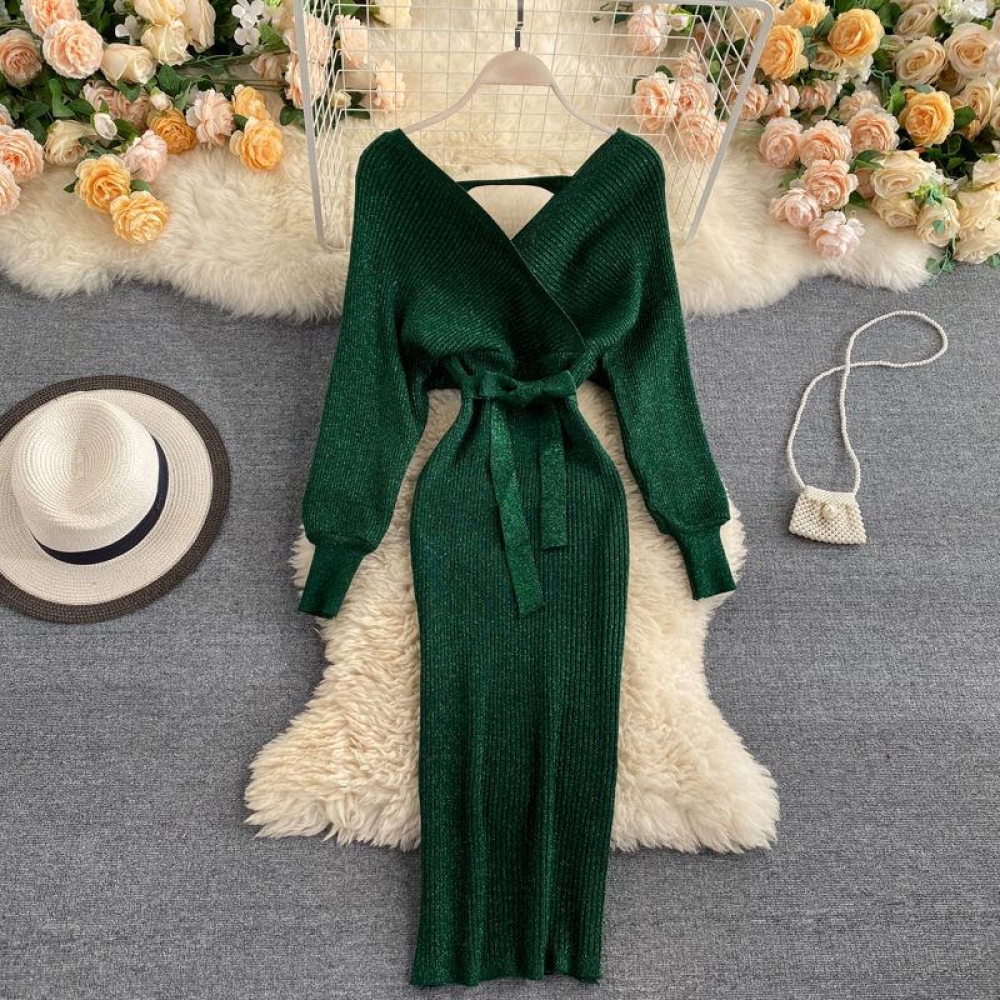 V-Neck Puff Sleeve Elastic Knitted Dress #fashionlovers #outfitoftheday #fashionweek #fashionaddict