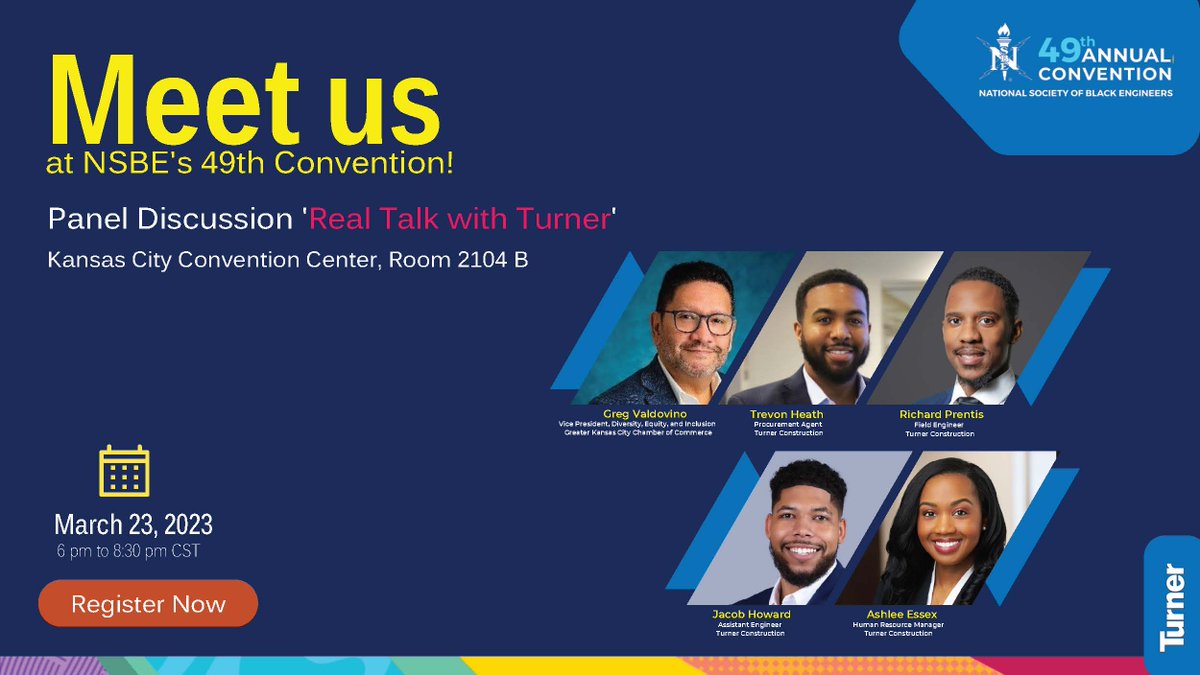Can’t wait for the ‘Real Talk with Turner’ panel discussion today, 6:00 pm to 8:30 pm at #NSBE49, Kansas City convention center. #TurnerAtNSBE #BuildwithTurner #OurPeopleOurStrength
