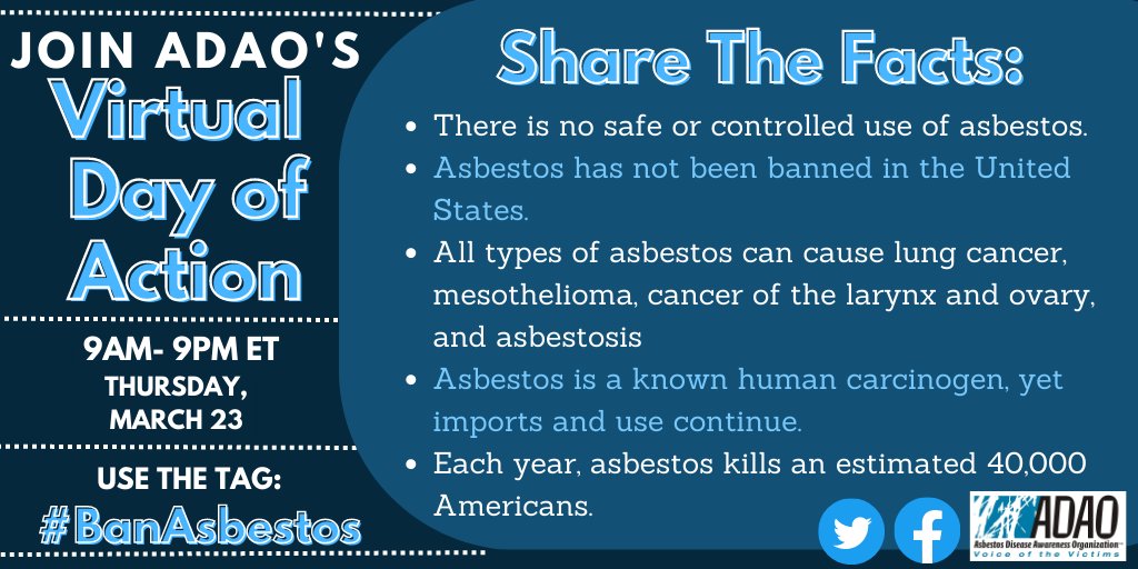 Linda_ADAO's tweet photo. SHARE THE FACTS -- Did you know #asbestos is a carcinogen that is imported and used in the U.S. today? On this #VirtualDayofAction and beyond, we are telling Congress we need a #BanAsbestos bill to protect Americans. https://t.co/MW05kFMIjn #Mesothelioma https://t.co/0TgHQYUmGw