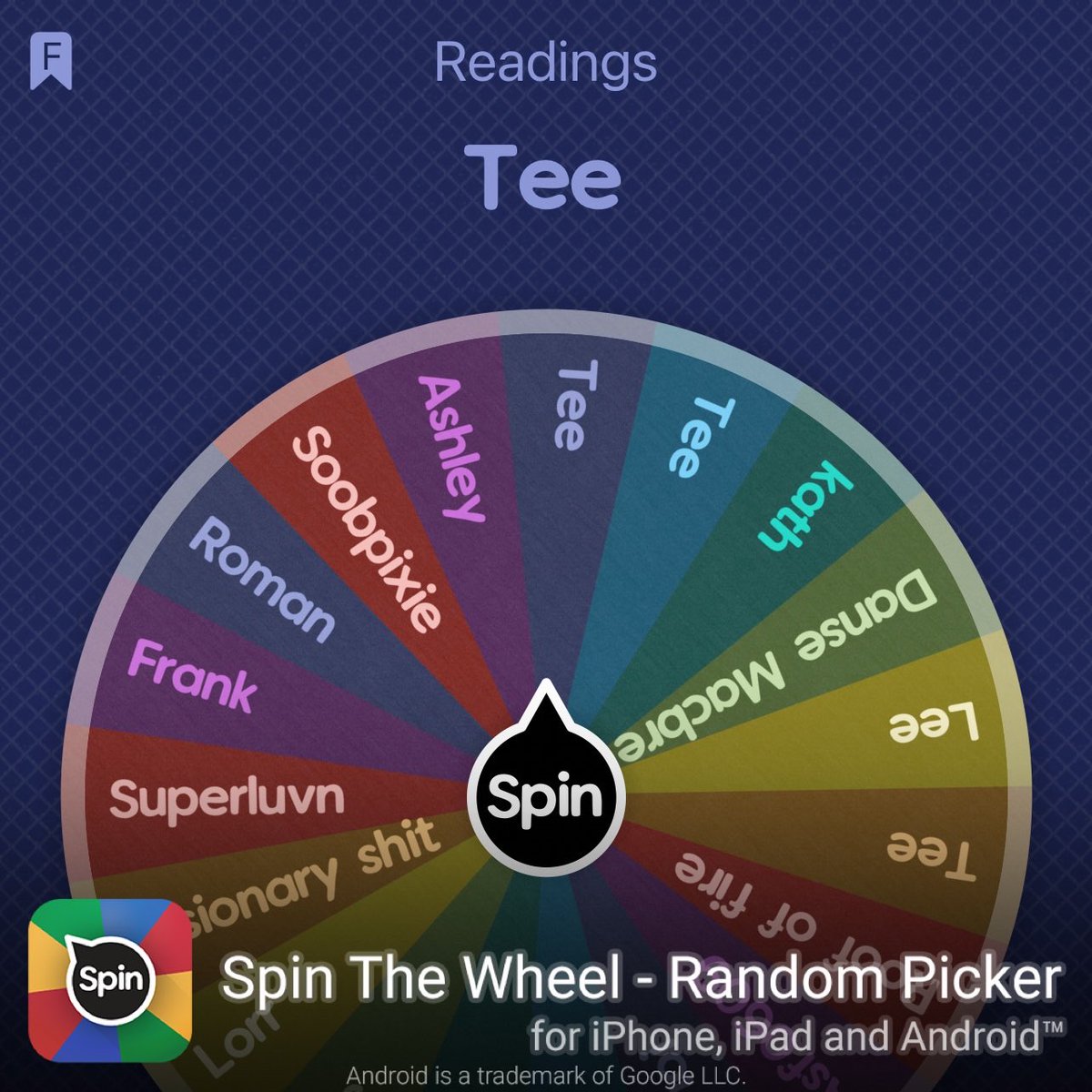I rolled Tee in Readings! 
First Place ⁦@_Tee2You⁩

#SpinTheWheelApp #spinthewheel 👉 spinthewheel.app/download