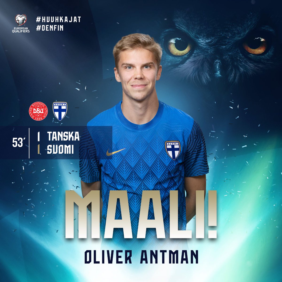 53' OLIVER ANTMAN! SIELTÄ! 🔥🔥🔥

Pohjanpalo pelaa Pukille, joka juoksee pystyyn, tarjoilee nuorukaiselle vasempaan maalipaikan ja Oliver sijoittaa pallon kylmähermoisesti verkon perukoille 😍

#Huuhkajat #DENFIN
