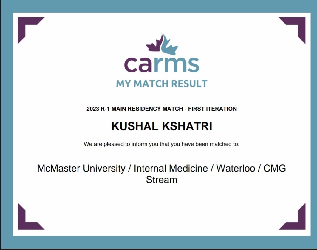 Kushal Kshatri (@kushalkshatri) on Twitter photo Absolutely thrilled to come home and continue my training in Waterloo <a href="/McMasterIntMed/">McMaster IM Residency Program</a> <a href="/MacMedWRC/">McMaster University - Waterloo Regional Campus</a>!
Thank you to all my mentors, friends, and family who have supported me throughout this incredible journey! #CaRMSMatch #CaRMS2023 Absolutely thrilled to come home and continue my training in Waterloo <a href="/McMasterIntMed/">McMaster IM Residency Program</a> <a href="/MacMedWRC/">McMaster University - Waterloo Regional Campus</a>!
Thank you to all my mentors, friends, and family who have supported me throughout this incredible journey! #CaRMSMatch #CaRMS2023