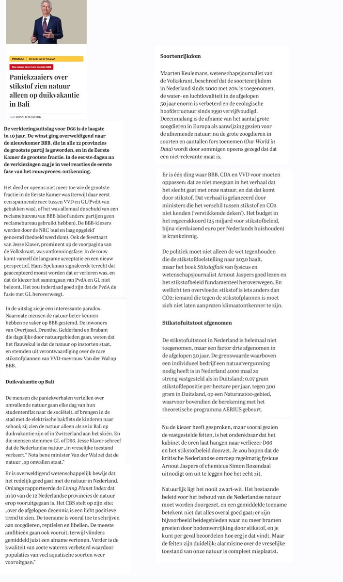 IJzersterk stuk van Plasterk:

Naarmate mensen de natuur beter kennen hebben ze vaker BBB gestemd. Paniekzaaiers over stikstof zien natuur alleen op duikvakantie in Bali of skivakantie in Zwitserland 🎯
(<a href="/telegraaf/">De Telegraaf</a>)