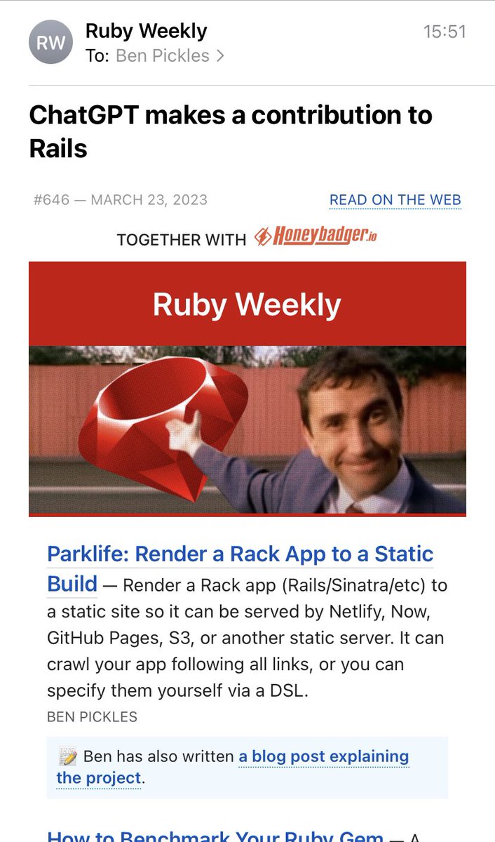 It is the highest honour to headline Ruby Weekly rubyweekly.com/issues/646 💖 <a href="/cooperx86/">Peter Cooper</a>