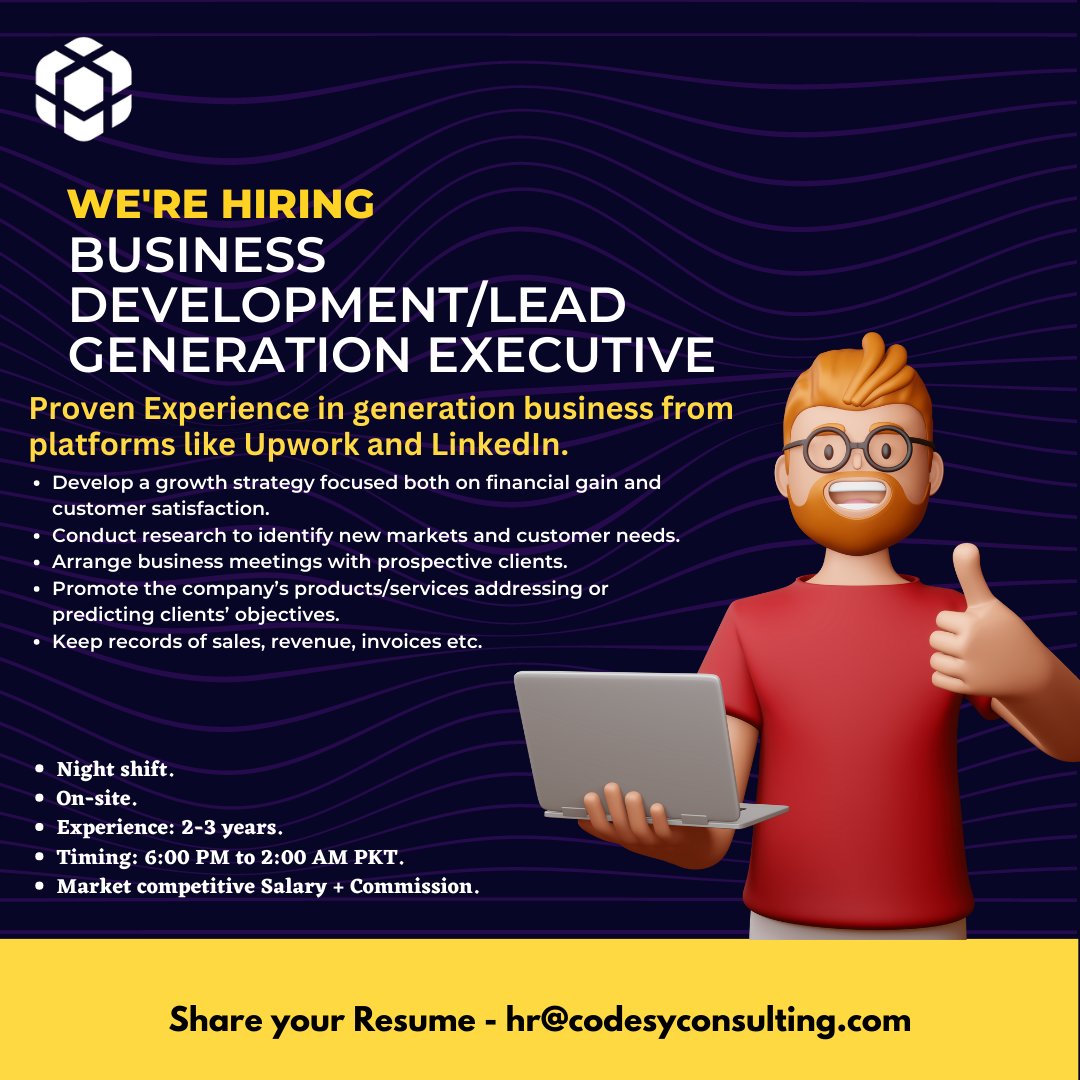 Codesy Consulting is hiring!
We are looking for a business development/ lead generation executive. All the requirements for the job are mentioned in the picture. 
Reach out to us today 

#hiring #businessdeveloper #businessdevelopment #karachi #upwork #linkedin #codesyconsulting