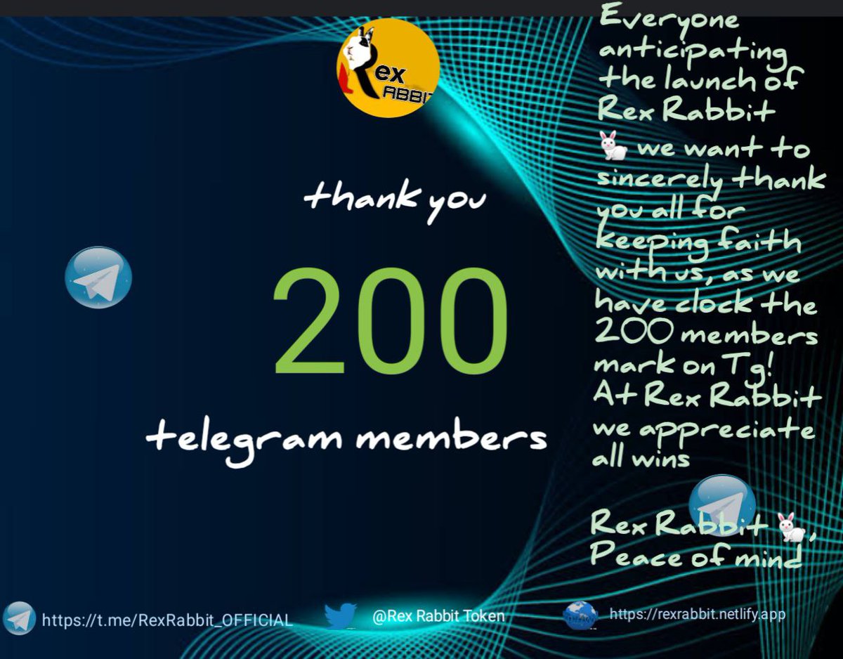 Everyone anticipating the launch of Rex Rabbit 🐇 we want to sincerely thank you all as we have reach 200 members on Tg! 
At Rex Rabbit we appreciate all wins 

Rex Rabbit 🐇, Peace of mind
$RBT
#REXRABBIT