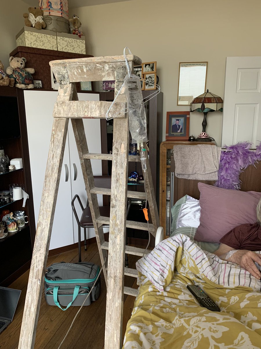 My drip stand in #hospitalathome today….& the family reckoned the ladder was pushing 70 years old! (Permission granted)