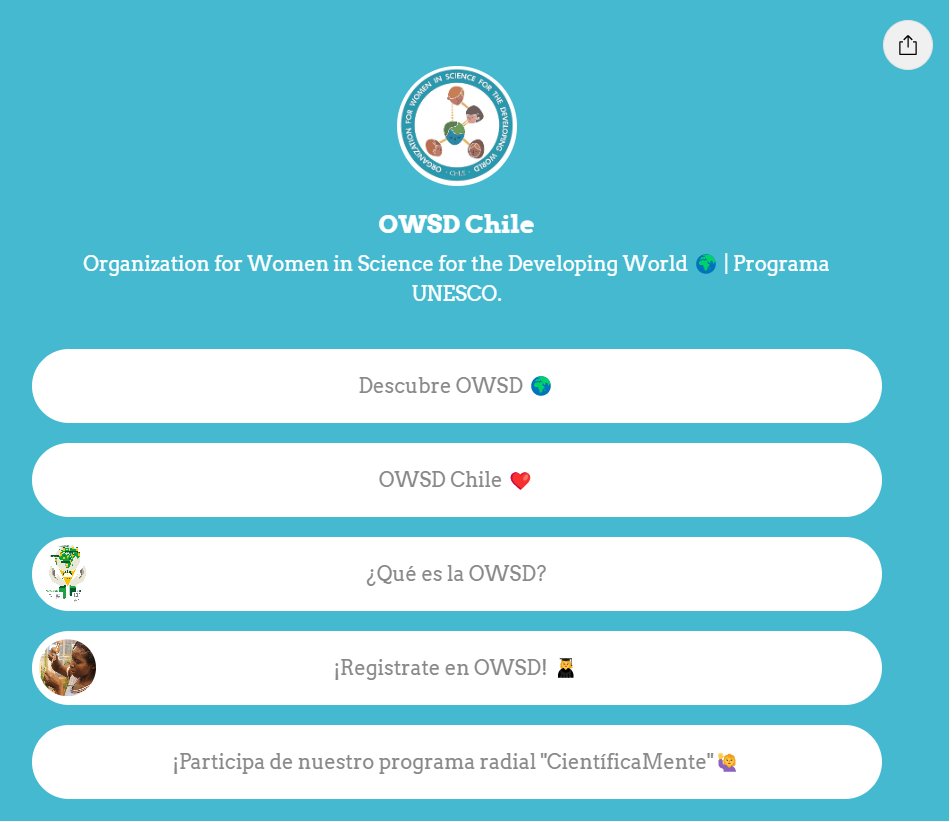 OWSD Chile (@owsd_cl) on Twitter photo Te interesa formar parte de una red de mujeres en las áreas de ciencia y tecnología?👩🔬👩🚀
Te invitamos a unirte a OWSD
👇En este link podrás encontrar información para unirte de manera sencilla
linktr.ee/owsd.chile
Te esperamos!!
<a href="/IEBChile/">Instituto de Ecología y Biodiversidad - IEB</a> <a href="/OwsdSecretariat/">Org. for Women in Science for the Developing World</a> #WomenInScience Te interesa formar parte de una red de mujeres en las áreas de ciencia y tecnología?👩🔬👩🚀
Te invitamos a unirte a OWSD
👇En este link podrás encontrar información para unirte de manera sencilla
linktr.ee/owsd.chile
Te esperamos!!
<a href="/IEBChile/">Instituto de Ecología y Biodiversidad - IEB</a> <a href="/OwsdSecretariat/">Org. for Women in Science for the Developing World</a> #WomenInScience