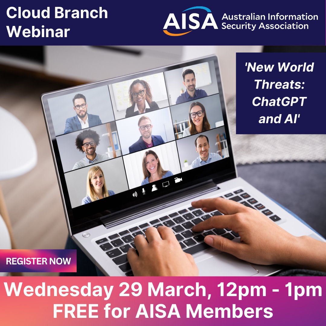 RT <a href="/AISA_National/">AISA National</a>: Please join Gabe Marzano - Cyber Security Evangelist and Alex Nehmy - Director Industry 4.0 at Palo Alto Networks, for a webinar on ‘New World Threats: ChatGPT and AI’, hosted by our Cloud Branch.
REGISTER NOW: us02web.zoom.us/webinar/regist……