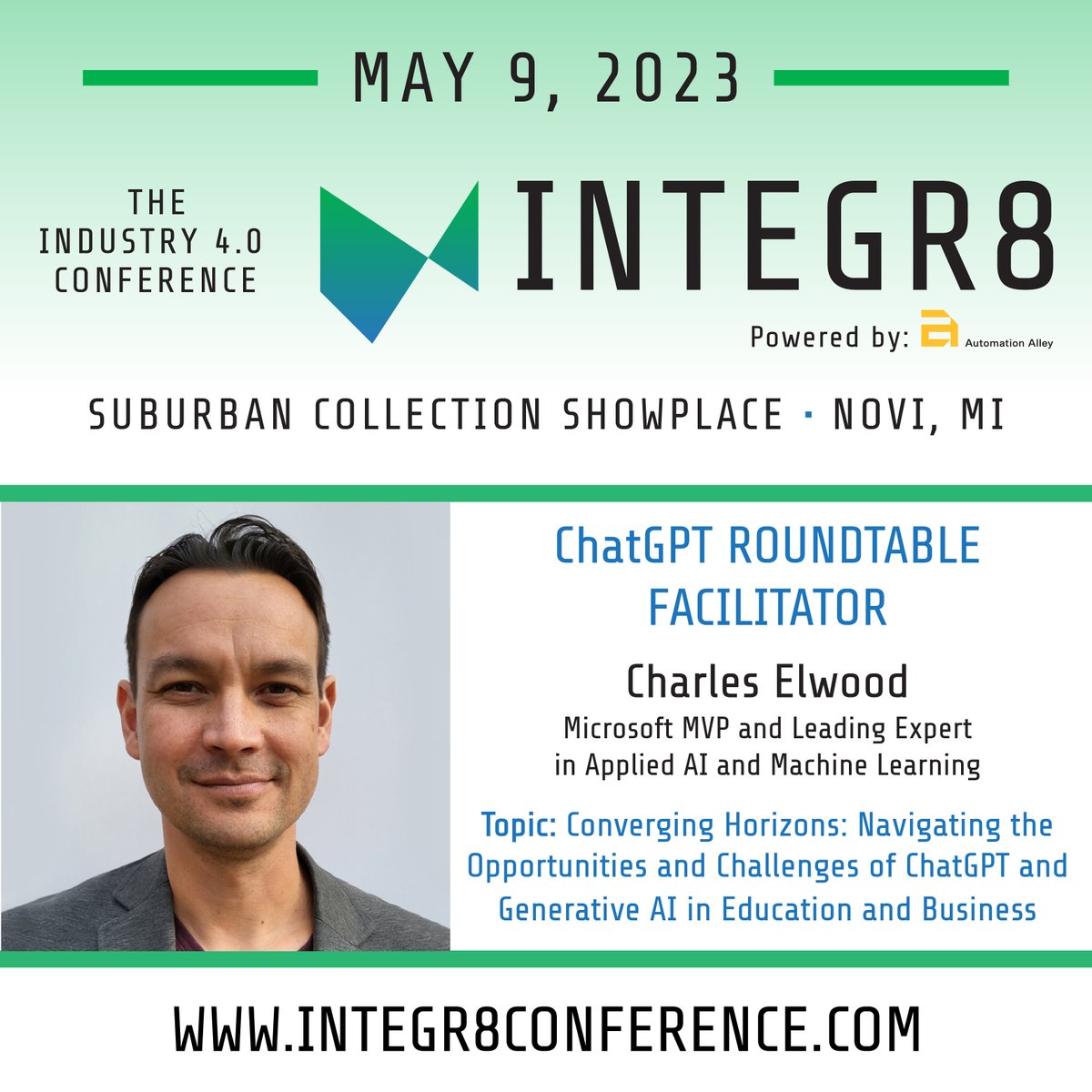 📣 Don't miss <a href="/CharlesElwoodBI/">Charles Elwood -SolisMatica BI</a>'s roundtable discussion on #ChatGPT and #GenerativeAI at Automation Alley's Integr8 Conference on May 9 in Novi! Charles is an innovator in the field of #AI and brings a unique perspective to the conversation. 
integr8conference.com/roundtable-con…