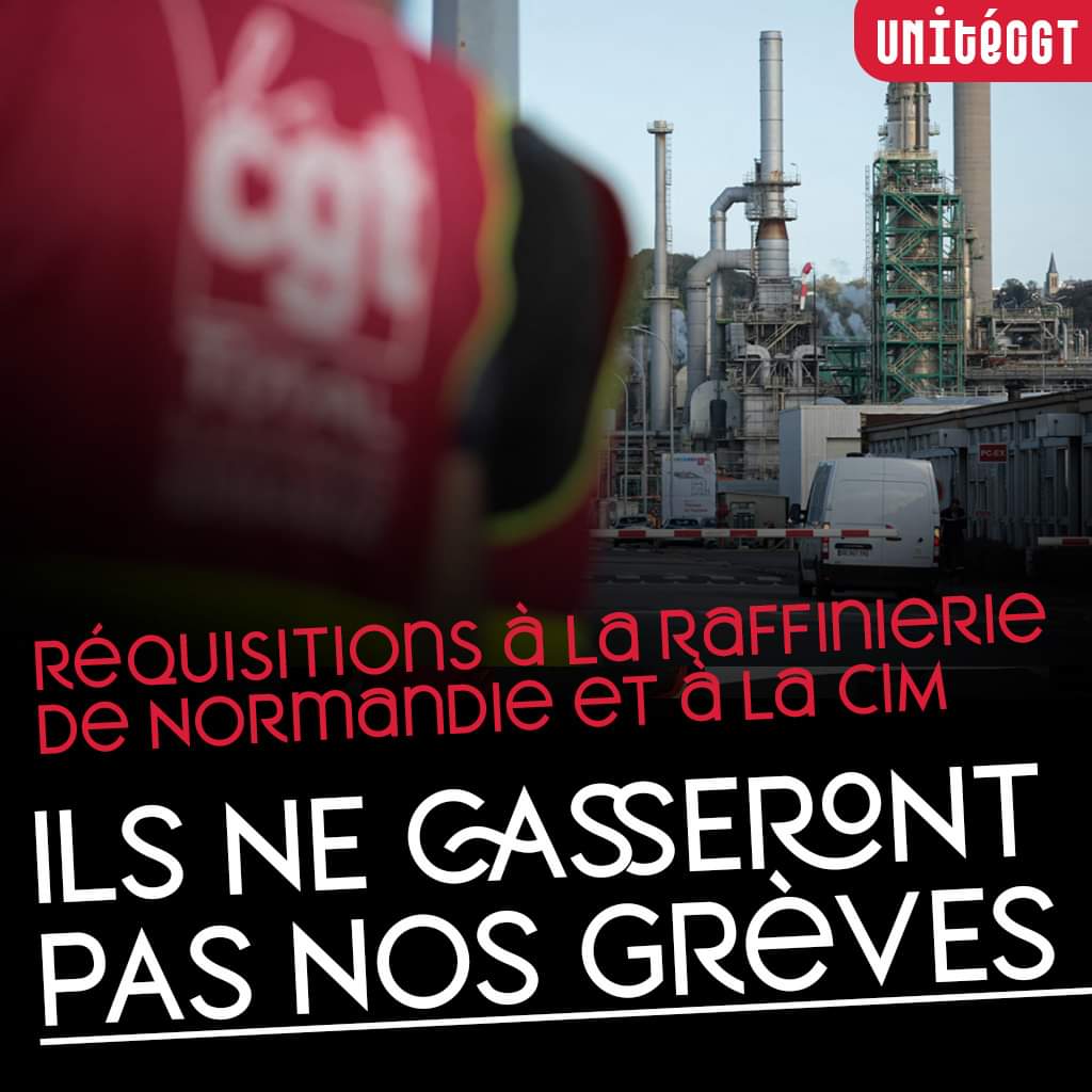 ILS NE CASSERONT PAS NOS GRÈVES
La #CGT de la raffinerie de Normandie appelle à se rassembler dès maintenant sur le site pour empêcher la police de casser la grève par les réquisitions