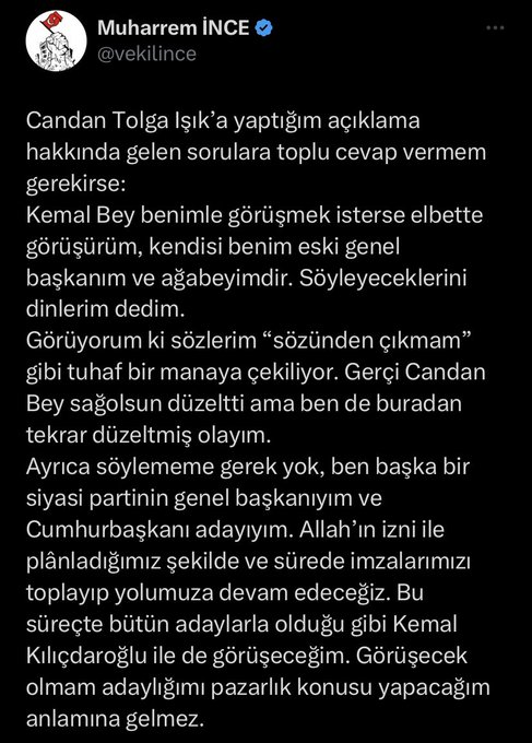 Muharrem İnce, adaylıktan çekileceğine yönelik iddialara yanıt verdi: 

“Allah’ın izniyle planladığımız şekilde ve sürede imzaları toplayıp yolumuza devam edeceğiz.”
