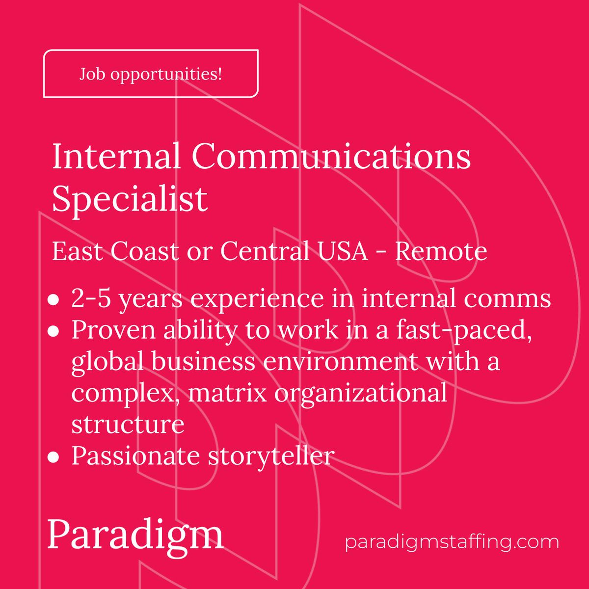 PRjobs's tweet photo. East Coast or Central US Comms pros: A new search for an Internal Communications Specialist in the corporate, global setting. This is a stable company focusing on agriculture and bringing specialized products to the market in a sustainable and ethical manner. https://t.co/DjZYTseWY2