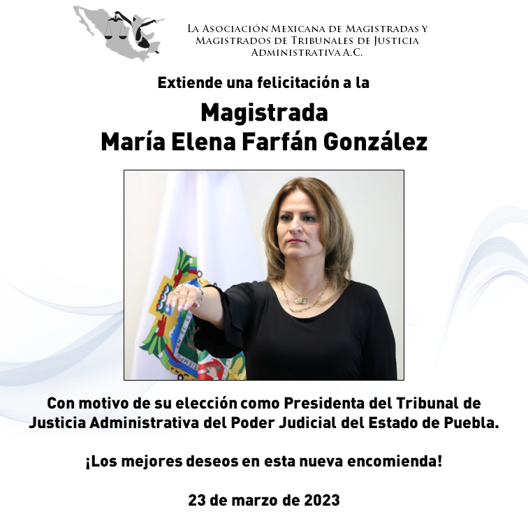 👏Los mejores deseos para la Magistrada María Elena Farfán González, con motivo de su elección como Presidenta del Tribunal de Justicia Administrativa del @PodJudPuebla . ¡Enhorabuena !!!