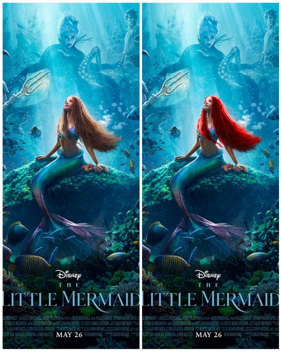 inikachu's tweet photo. I’m so looking forward to seeing the little mermaid but I wish her hair was more red, it would look amazing on her. they can do it in VFX , I had to edit the picture myself #TheLittleMermaid #WaltDisneyStudios #Ariel #movie #VFX what do you guys think? #Disney100 https://t.co/FVPyHJIiLf