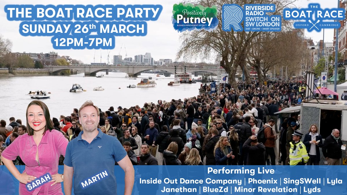 THIS SUNDAY we're LIVE in #Putney for @theboatraces Party with <a href="/putney_bid/">Positively Putney</a>! Come down for lots of fun and entertainment at Church Square, St Mary's Church in Putney!🚣

#TheBoatRace #Putney #Dance #Choir #Singer #Band #DJ #Party #Wandsworth #RiversideRadio #London #Rowing #Radio