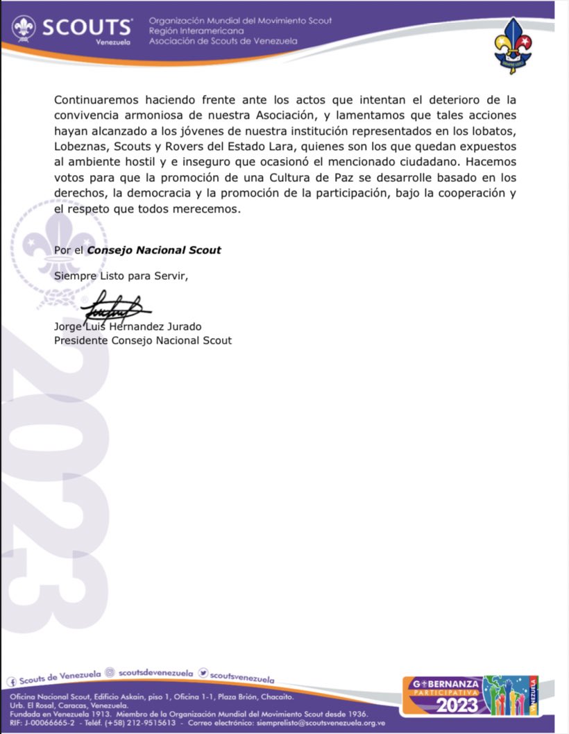 Comunicado del Consejo Nacional Scout 🇻🇪

#ScoutsdeVenezuela
#GobernanzaParticipativa