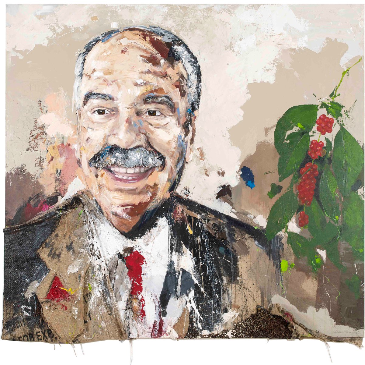 carolinapiteira's tweet photo. Em 2015 tive o privilégio de retratar o Sr Rui Nabeiro. Usei tinta acrílica, grãos e sacos de café. É um retrato de um verdadeiro empreendedor e líder, mas também um exemplo de humildade e bondade. Alguém que olhava para todos com cuidado e respeito. https://t.co/78oTkbWG7P