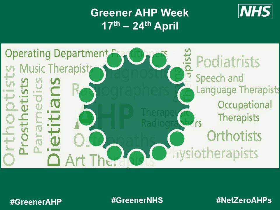 🚨We are on a countdown to our first #GreenerAHP Week

📆 17 - 24 April 2023

🧩 We will be asking you to share ideas, celebrate & inspire fellow #AHPs about the importance of #sustainability

🧩 Find more info about #GreenerAHP 👉 england.nhs.uk/ahp/greener-ah…

@WeAHPs @GreenerNHS