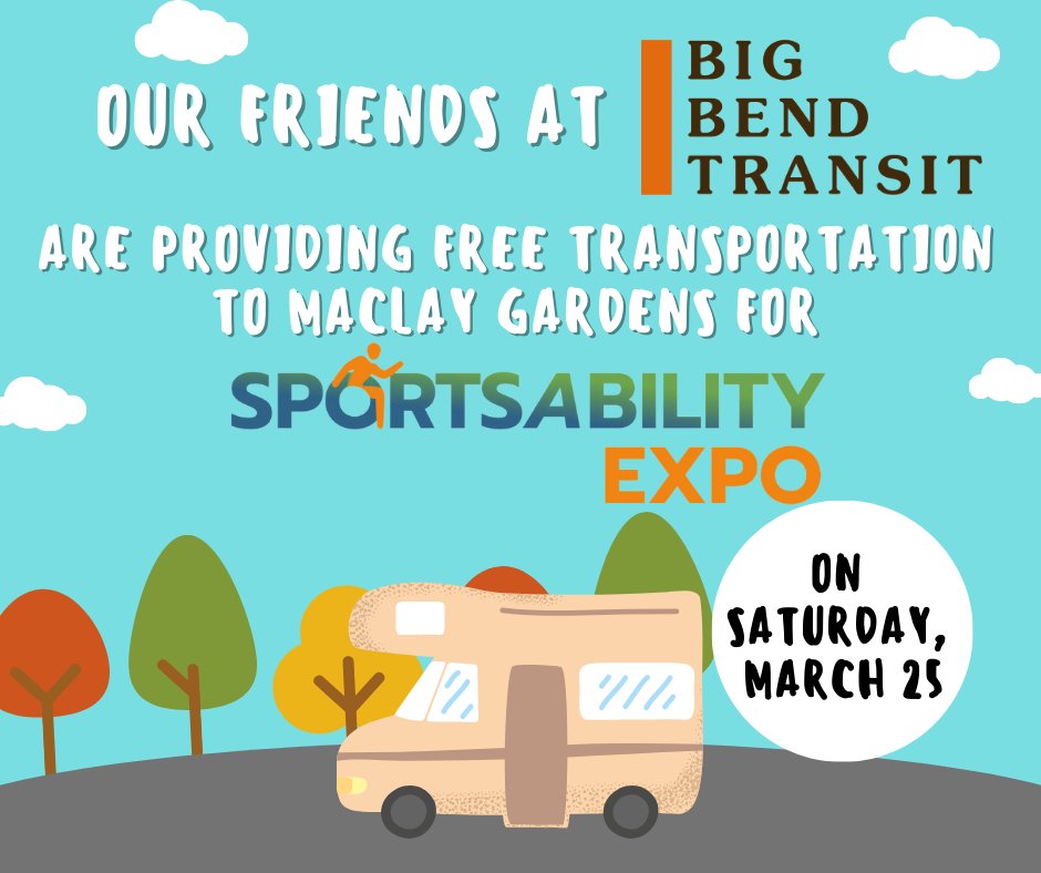 We've had some questions about transportation to Maclay Gardens for our Saturday SportsAbility event. Our friends at Big Bend Transit will be running shuttles from CK Steele Plaza to Maclay Gardens select times on Saturday.  Please see schedule below! 

Looking forward to seeing