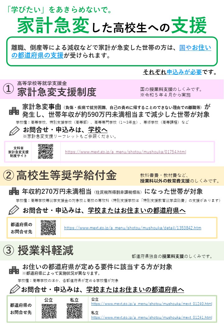 kodokukoritsu's tweet photo. #孤独・孤立支援情報
【高校生の保護者の皆様へ📢 学費支援のご案内】
#高校 等の #授業料 の支援が受けられる #高等学校等就学支援金 や、教科書代・制服代等の支援が受けられる #高校生等奨学給付金 があります。 https://t.co/R74PmOfvML