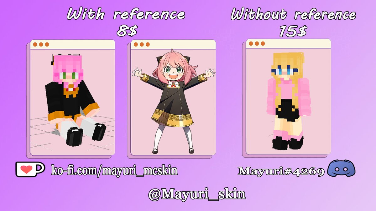 Open commissions minecraft skin

You can check my portfolio here
behance.net/mayuriskin

Or you can check my Ko-Fi! ko-fi.com/mayuri_mcskin

Message me for your commission through my discord - Mayuri#4269

#minecraft #minecraftskins #mcskin
#skinmarker