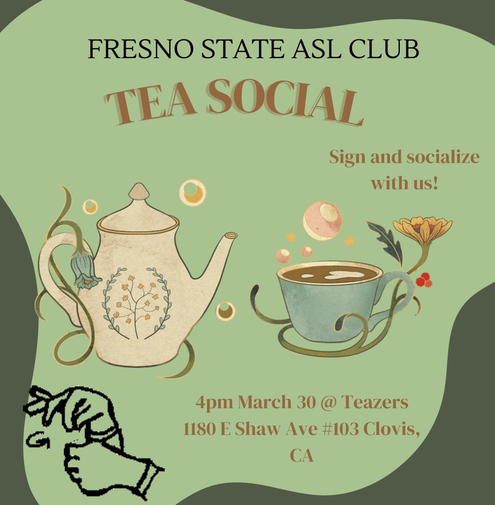 Hello ASL Club! We’re excited to announce our last March social is at TEAZERS next Thursday!! We hope to see you there 🫖🤟

As a reminder, our socials are open to anyone in the community!