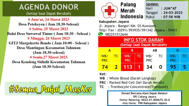 Update Stok Ketersediaan darah PMI Kabupaten Jepara
#BloodForLife #pmijepara #uddpmi #ayodonordarahsukarela #jepara #informasiseputarjepara