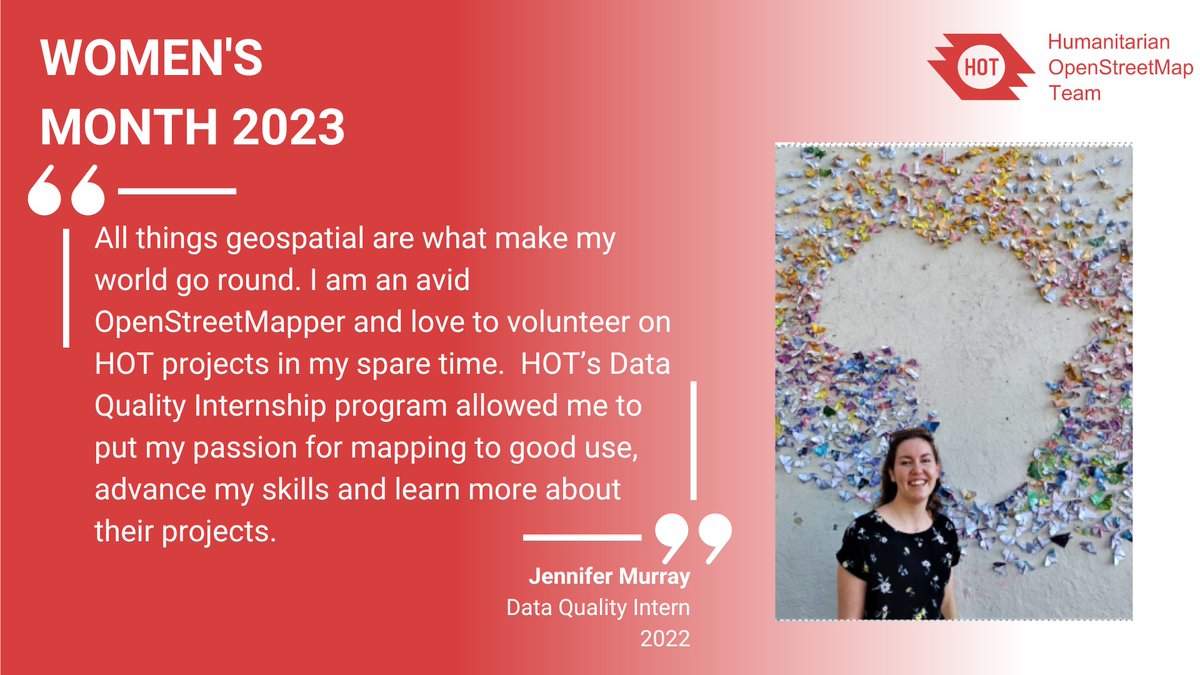 We're celebrating #IWD2023 all month with women in open mapping. The Data Quality Internship is an opportunity for women to build skills and connections and impact the map. For Jennifer Murray, it was a chance to pursue her passion for mapping!
#DigitALL #GenderEquality